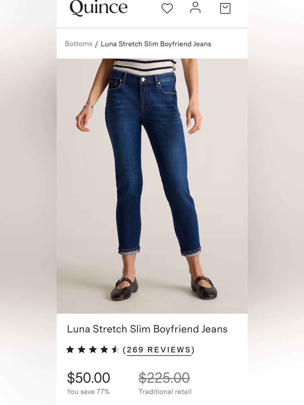 Quince Luna Stretch Dark Blue Stretch Slim Boyfriend Jeans - Women Size 28, NWOT